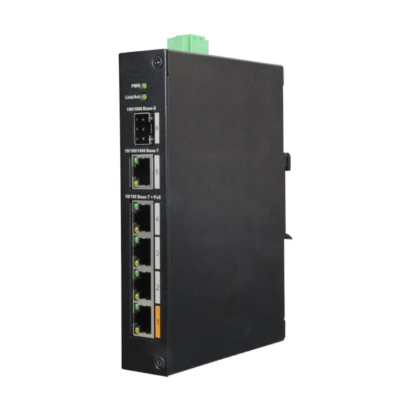 Switch PoE X-Security com 4 PoE RJ45+1 SFP de fibra+1 Uplink Gigabit - XS-SW0604HIPOE-F-60-DIN