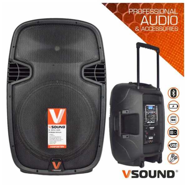 Coluna Amplificada 12" 500W USB/BT/SD/Bat/2xMIC UHF VSOUND