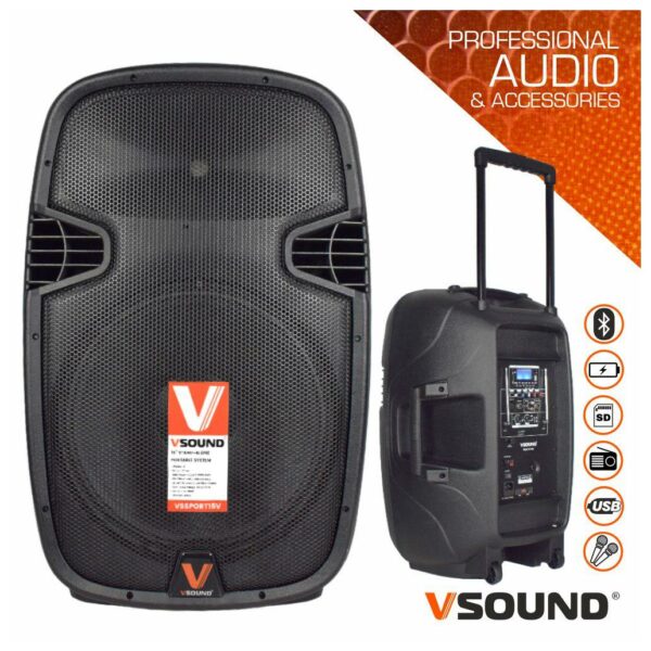 Coluna Amplificada 15" 700W USB/BT/SD/Bat/2xMIC UHF VSOUND