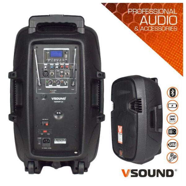 Coluna Amplificada 12" 500W USB/BT/SD/Bat/2xMIC UHF VSOUND - Image 2