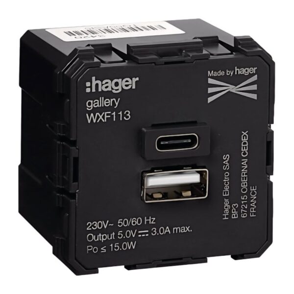 Gallery 2M Tomada USB A+C Carreg. 3A Hager
