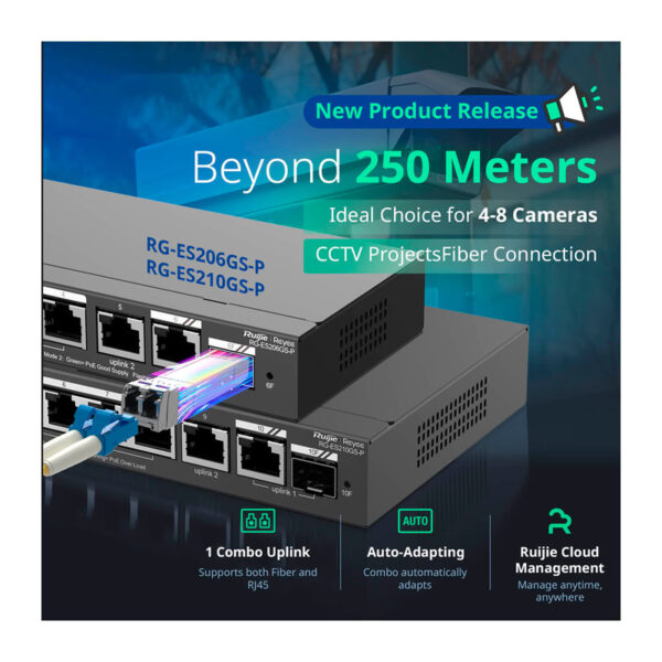 Reyee Manageable Cloud PoE Switch com 8 PoE+2 Uplink RJ45+1 SFP Combo - RG-ES210GS-P - Image 6