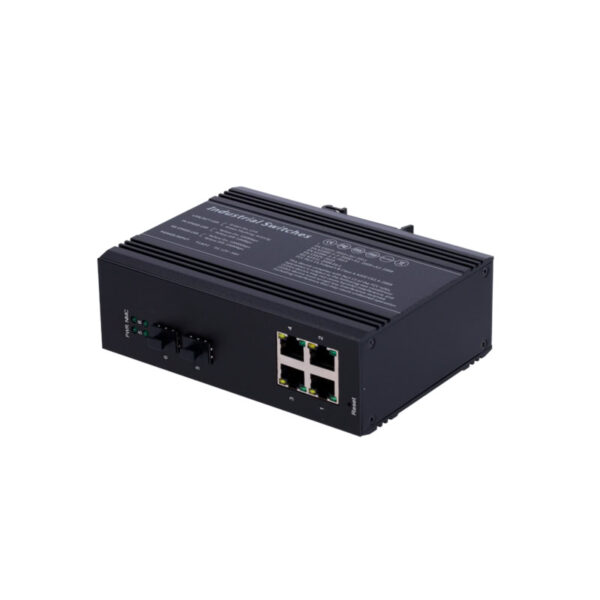 Switch PoE - Montagem em carril DIN com 4 RJ45 Gigabit +2 SFP Gigabit