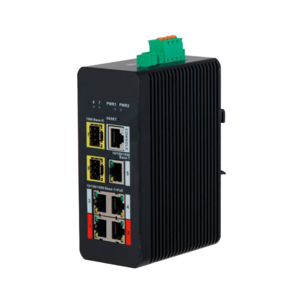 Switch PoE X-Security Carril DIN com 4 PoE RJ45+1 ligação ascendente RJ45+2 SFP de fibra+1 Consola - XS-SWI0704HIPOE-MGF-120-DIN