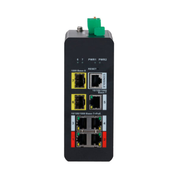 Switch PoE X-Security Carril DIN com 4 PoE RJ45+1 ligação ascendente RJ45+2 SFP de fibra+1 Consola - XS-SWI0704HIPOE-MGF-120-DIN - Image 2