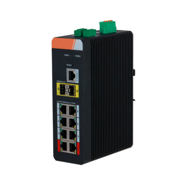 Switch PoE X-Security Carril DIN com 8 PoE RJ45+2 SFP de fibra+1 Consola - XS-SWI1008HIPOE-MGF-120-DIN
