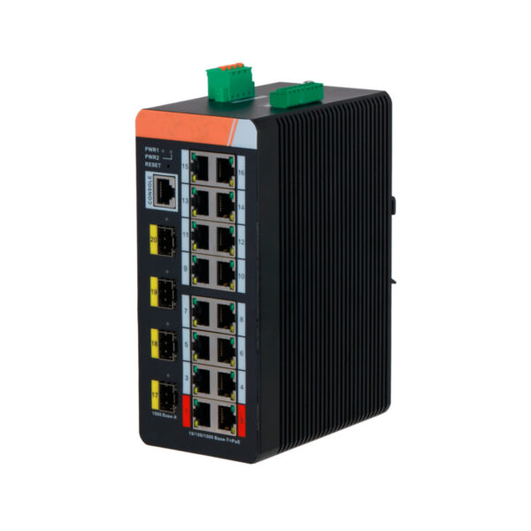 Switch PoE X-Security Carril DIN com 16 PoE RJ45+4 SFP de fibra+1 Consola - XS-SWI2016HIPOE-MGF-240-DIN