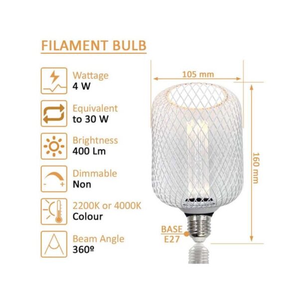 Lâmpada E27 LED 4W 2200K Rede Metal Branco Ø105mm - Image 3