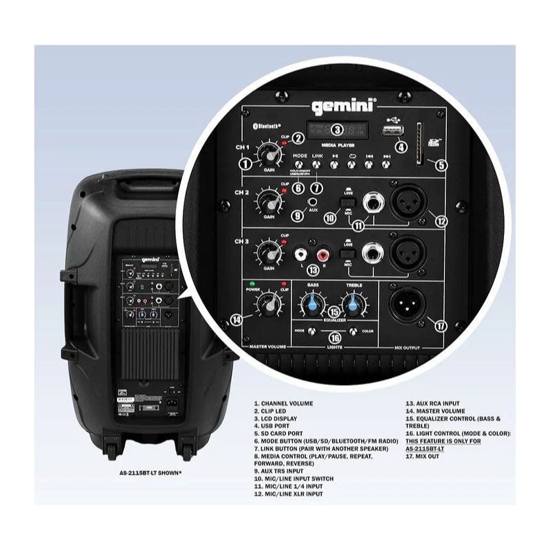Altifalante PA Bluetooth com LED 2000 W 15" Gemini - AS-2115BT-LT - Image 7