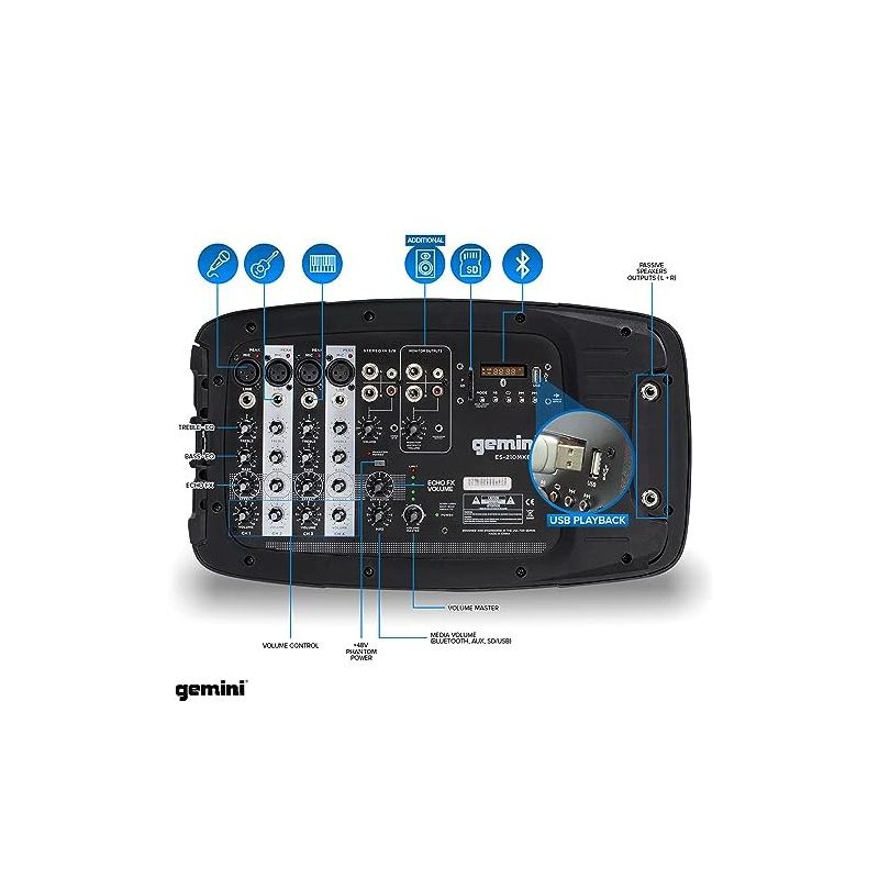 Sistema PA portátil de 150 W com altifalantes duplos de 10" Gemini - ES-210MXBLU-ST - Image 2