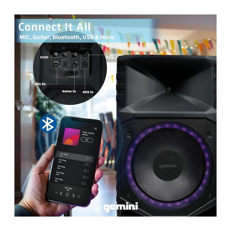 Altifalante PA Bluetooth Portátil de 1500 W - À prova de água, 15" Gemini - GXP-T1500 - Image 7