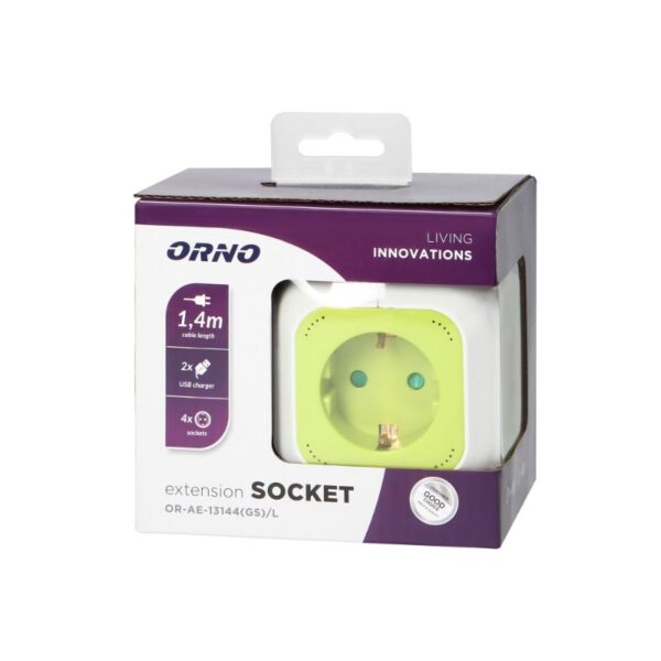 Tomadas de Extensão, 4 Tomadas Schuko, 2 x USB, Cabo de 1,4 m, Cor Limão Orno - OR-AE-13144(GS)/L - Image 2
