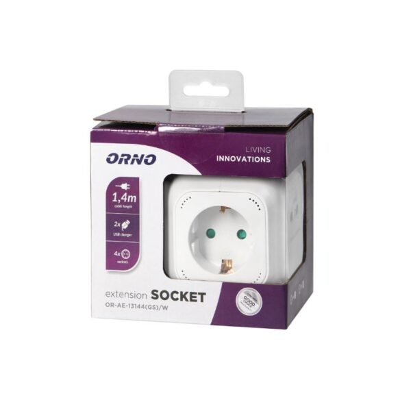 Tomadas de Extensão 4 x 2P+E (Schuko), 2 Carregadores USB, 1,4 m H05VV-F 3x1 mm2, Branco Orno - OR-AE-13144(GS)/W - Image 2