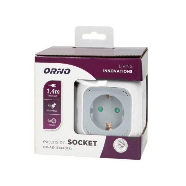 Tomadas de Extensão, 2 x USB, 4 x Tomadas Schuko, Cabo de 1,4 m Orno - OR-AE-13144(GS) - Image 2