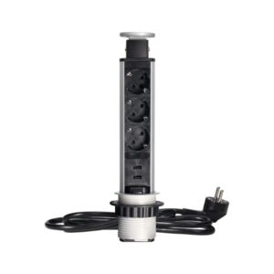 Tomada de Secretária Pop-up Ø6 cm com Carregador USB, Cabo de 1.8 m e Sistema de Bloqueio, 3x2P+E Prateada Orno - OR-AE-1349(GS)