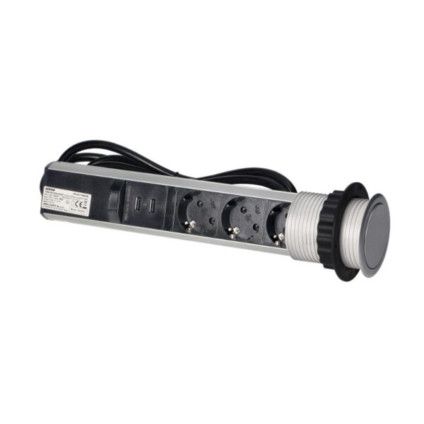 Tomada de Secretária Pop-up Ø6 cm com Carregador USB, Cabo de 1.8 m e Sistema de Bloqueio, 3x2P+E Prateada Orno - OR-AE-1349(GS) - Image 3