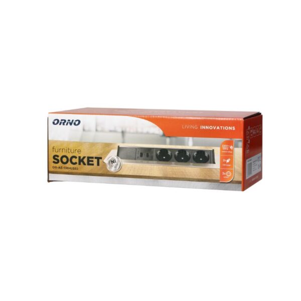 Tomadas Embutidas para Móveis em Caixa de Níquel com dois Carregadores USB e cabo de 1,8 m, 3x2P+E, 2xUSB Orno - OR-AE-1364(GS) - Image 2