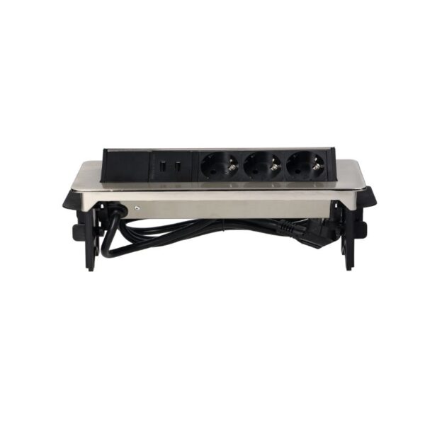 Tomadas Embutidas para Móveis em Caixa de Níquel com dois Carregadores USB e cabo de 1,8 m, 3x2P+E, 2xUSB Orno - OR-AE-1364(GS) - Image 3