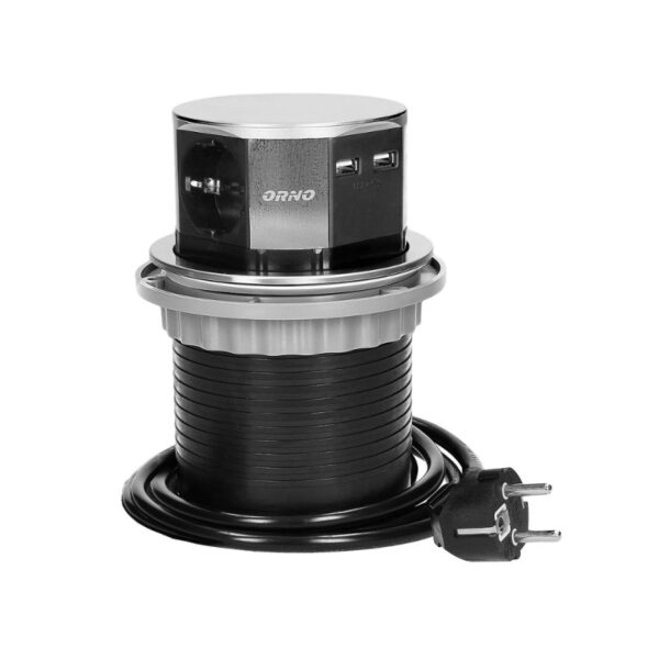 Tomada de Mesa Pop-up Ø10cm, com Carregador USB e Cabo de 1.5m de Comprimento, Schuko, INOX Orno - OR-AE-1381(GS)