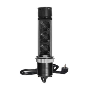 Tomada Embutida para Móveis Ø6cm com Carregador USB e Cabo de 1,5m, 3x2P+E, 2xUSB, INOX Orno - OR-GM-9027(GS)