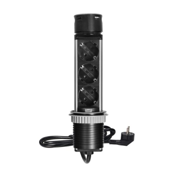 Tomada Embutida para Móveis Ø6cm com Carregador USB e Cabo de 1,5m, 3x2P+E, 2xUSB, INOX Orno - OR-GM-9027(GS)