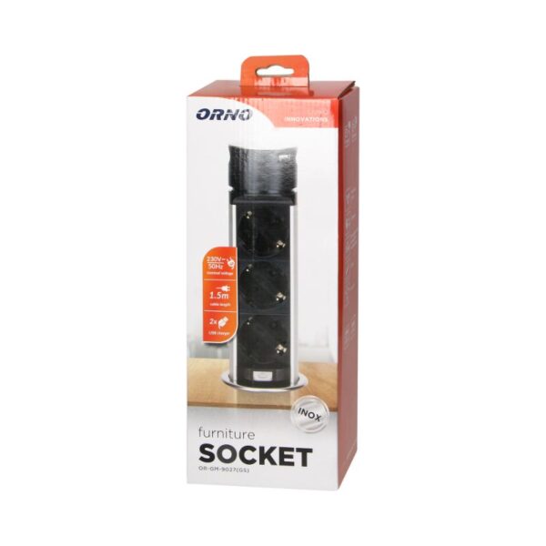 Tomada Embutida para Móveis Ø6cm com Carregador USB e Cabo de 1,5m, 3x2P+E, 2xUSB, INOX Orno - OR-GM-9027(GS) - Image 2
