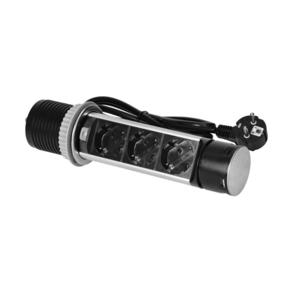 Tomada Embutida para Móveis Ø6cm com Carregador USB e Cabo de 1,5m, 3x2P+E, 2xUSB, INOX Orno - OR-GM-9027(GS) - Image 6