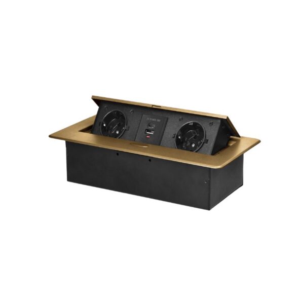 Tomada Embutida para Móveis com Borda Fresada Plana e Carregador USB, 2x2P+E (Schuko), 2xUSB (tipo A+C; 3,6 A), Dourada Orno - OR-GM-9034(GS)/C