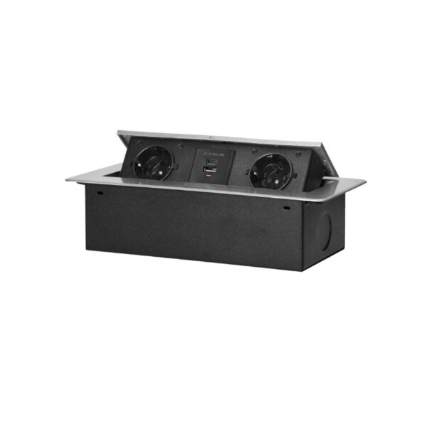 Tomada embutida para móveis com borda Fresada Plana e Carregador USB, 2x2P+E (Schuko), 2x USB (tipo A+C; 3,6 A), Prateada Orno - OR-GM-9034(GS)/G