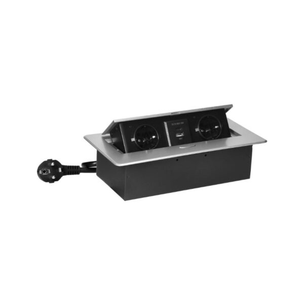 Tomada Embutida para Móveis com Borda Plana Fresada, carregador USB e cabo de 1,5 m, 2x2P+E, 2xUSB, Prateada Orno - OR-GM-9035(GS)/G - Image 3
