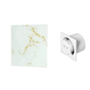 Ventilador de casa de banho 100 mm Premium, com temporizador e sensor de humidade (rolamento de esferas) + Painel de vidro, Universal, branco mármore brilhante/dourado Orno