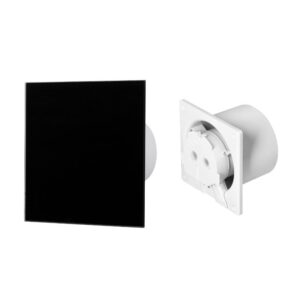 Ventilador de casa de banho 100 mm - Premium - Padrão com rolamentos de esferas + Painel de vidro preto mate Orno