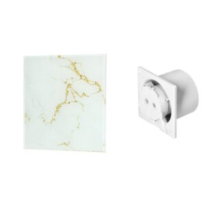 Ventilador de casa de banho 100 mm - Premium - Padrão com rolamentos de esferas + Painel de vidro, Universal, branco mármore brilhante/dourado Orno