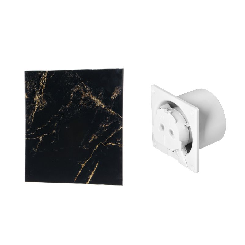 Ventilador de casa de banho 100 mm - Premium, com temporizador e rolamentos de esferas + Painel de vidro, Universal, mármore brilhante preto/dourado Orno