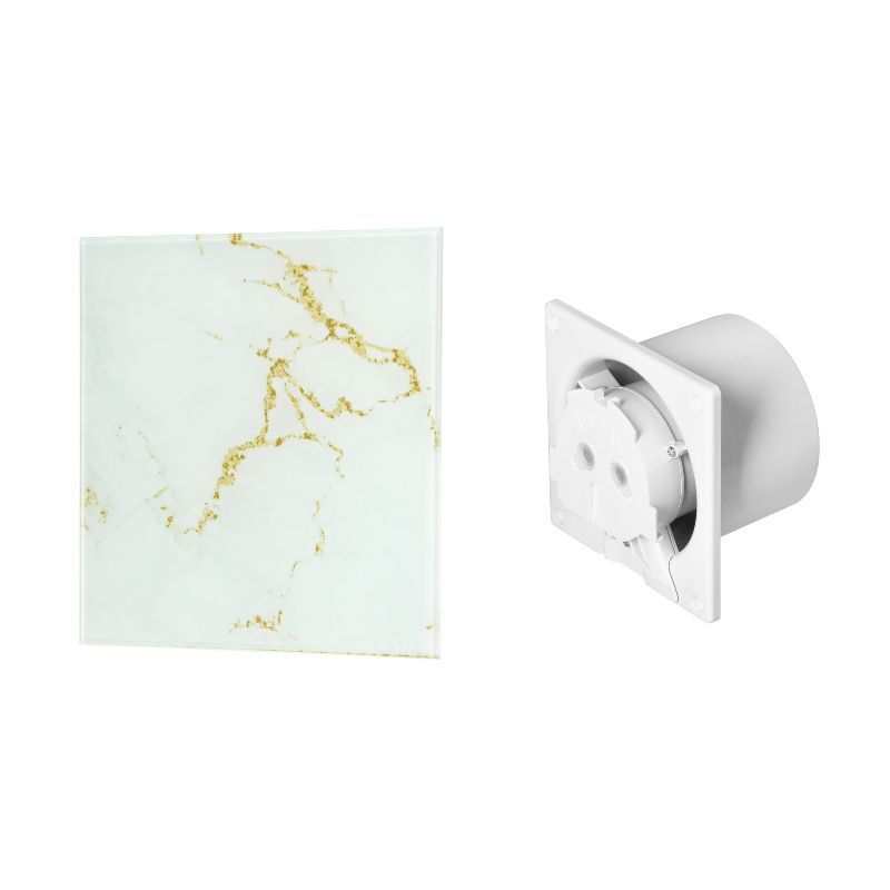 Ventilador de casa de banho 100 mm - Premium, com temporizador e rolamentos de esferas + Painel de vidro, Universal, branco mármore brilhante/dourado Orno