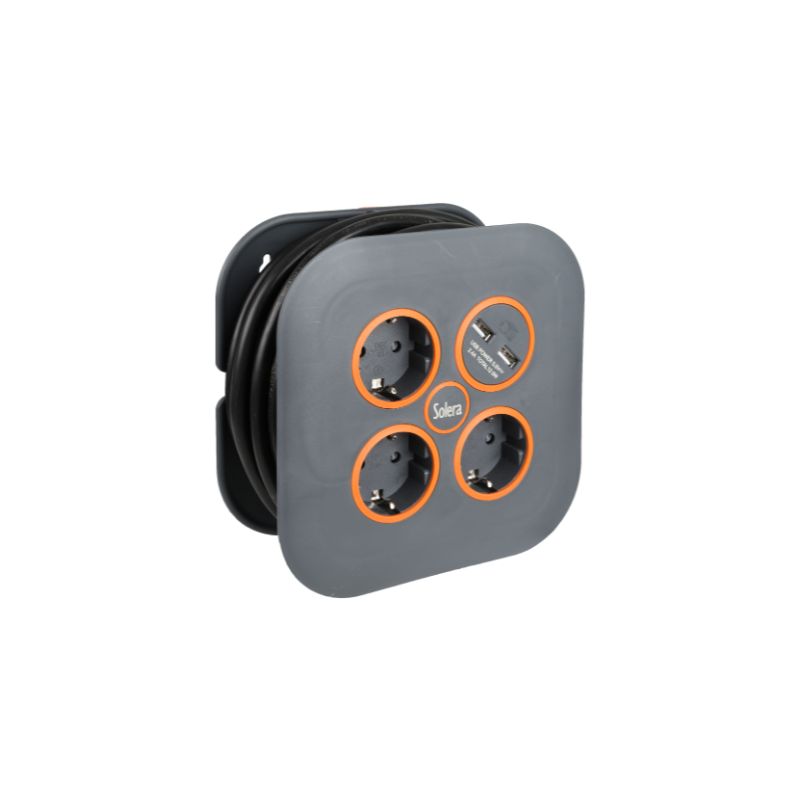 Enrolador de Cabo com 3 Bases 2P+T, 16A 250V~+ 2 Tomadas USB 5m de Cabo H05VV-F 3G 1.5 mm² Solera - 7321USB