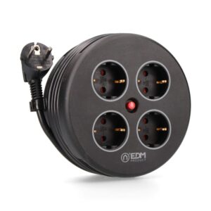 Enrolador de Cabos com 4 Tomadas 2P+T SCHUKO, com Proteção, 16A 250V, Cabo H05VV-F 3G1,5mm² de 5m, Preto Edm - 20029
