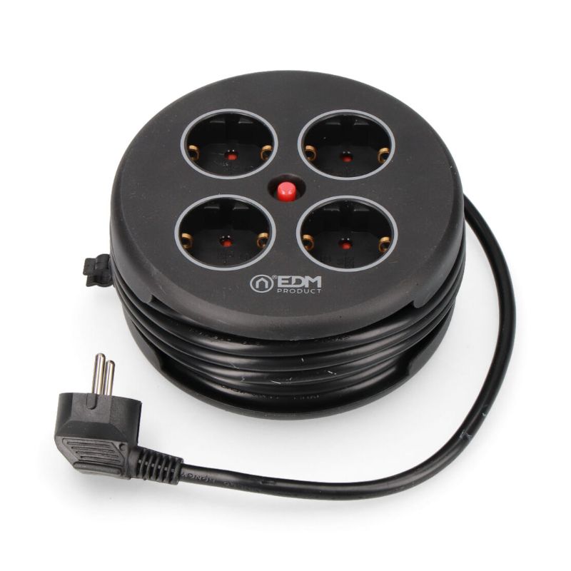 Enrolador de Cabos com 4 Tomadas 2P+T SCHUKO, com Proteção, 16A 250V, Cabo H05VV-F 3G1,5mm² de 5m, Preto Edm - 20029 - Image 3