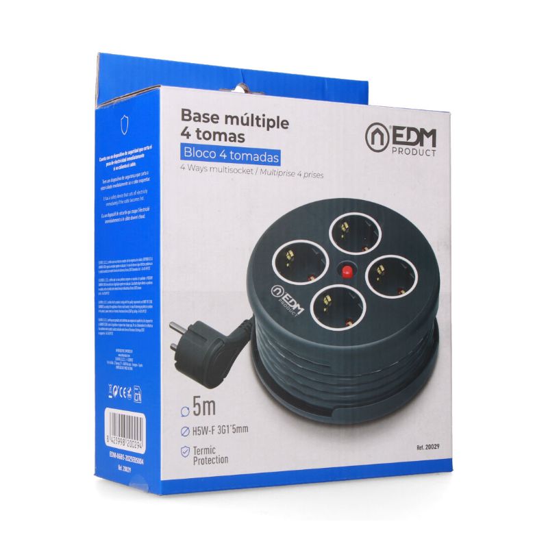 Enrolador de Cabos com 4 Tomadas 2P+T SCHUKO, com Proteção, 16A 250V, Cabo H05VV-F 3G1,5mm² de 5m, Preto Edm - 20029 - Image 2