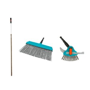 Kit de Jardinagem Gardena Combisystem – Cabo de Madeira FSC 130 cm + Limpador de Juntas de Pátio 3 em 1 + Vassoura para a Rua
