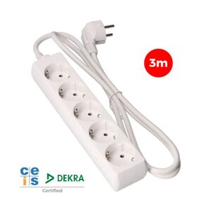 Base Múltiple, 5 enchufes Schuko 2P+E, Cable de 3m H05VV-F 3G 1.5mm2 16A 250V~ 3680W, Blanca Edm - 41035