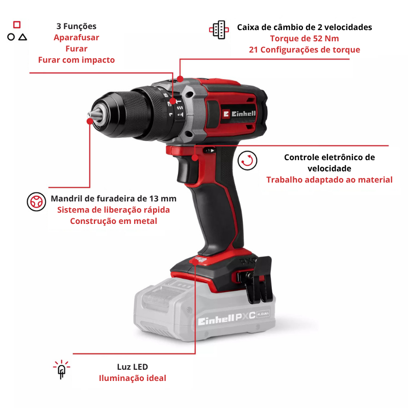 Einhell Berbequim Impacto S/Fio TE-CD 18/52 Li-i - Solo - Image 3