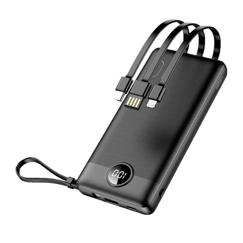 Power Bank VEGER 10000 mAh com Ecrã LCD Cabos USB-C Lightning e Micro USB Integrados Preto