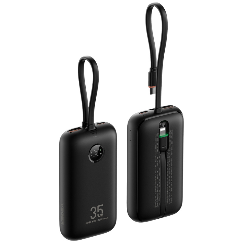 Power Bank VEGER 10000 mAh com Ecrã LCD Carregamento Rápido PD 35 W Cabos USB-C e Lightning Integrados Preto