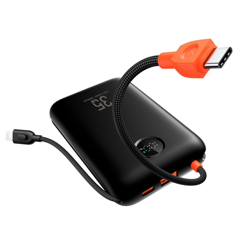 Power Bank VEGER 20000 mAh com Ecrã LCD Carregamento Rápido PD 35 W Cabos USB-C e Lightning Integrados Preto