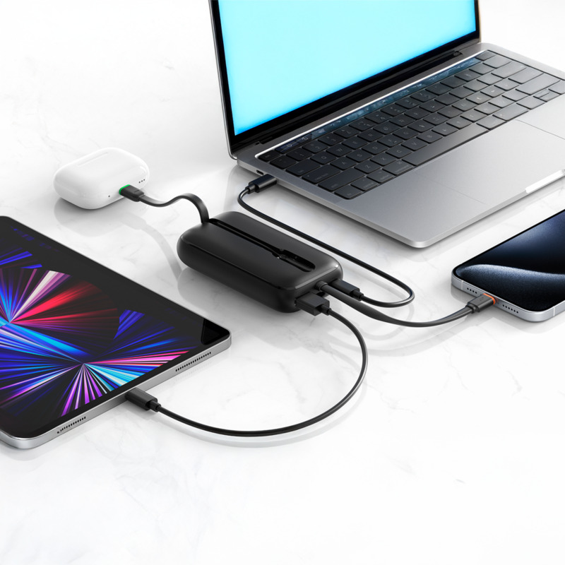Power Bank VEGER 10000 mAh com Ecrã LCD Carregamento Rápido PD 35 W Cabos USB-C e Lightning Integrados Preto - Image 2