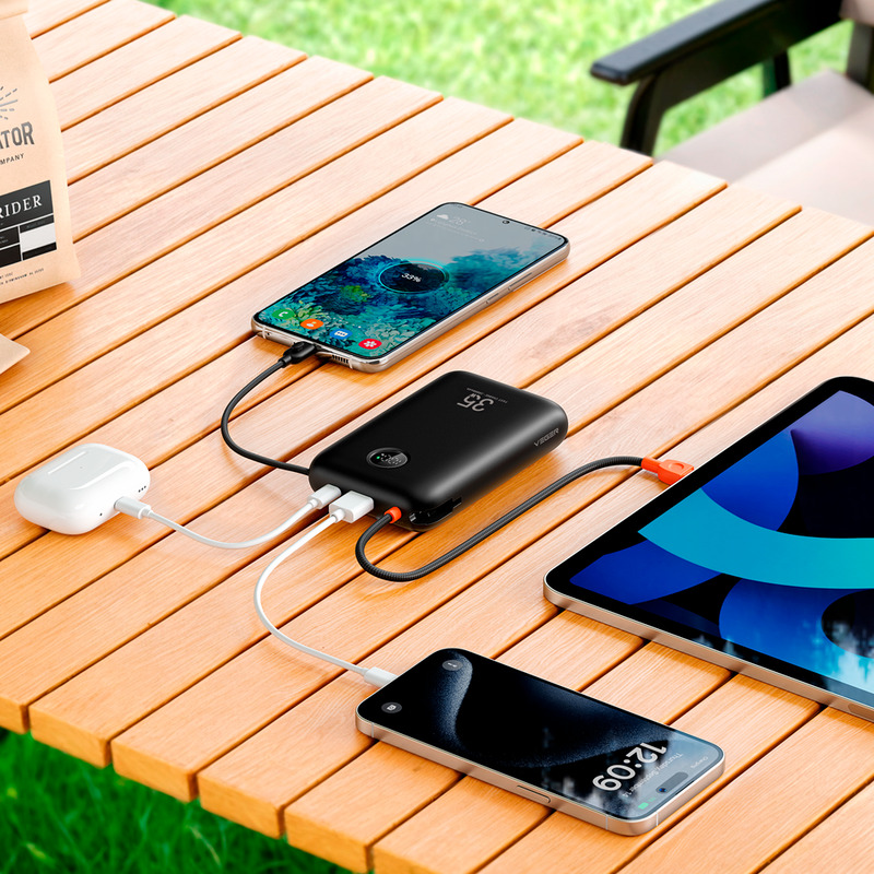 Power Bank VEGER 20000 mAh com Ecrã LCD Carregamento Rápido PD 35 W Cabos USB-C e Lightning Integrados Preto - Image 2